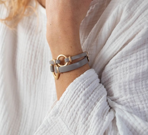 Taupe Leather Double Strand & Golden Hoop Bracelet by Peace of Mind